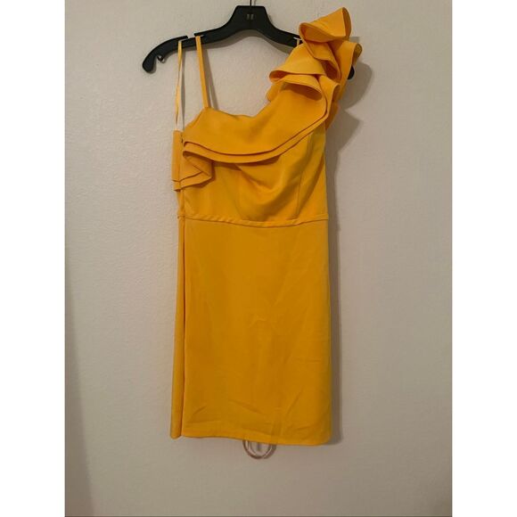 Mac Duggal One Shoulder Ruffle Mini Dress Yellow 55286 NEW NWT - Picture 4 of 8